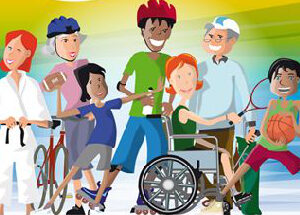 groupe partant faire du sport comprenant une personne agées, une personne en fauteuil roulant, un enfant...